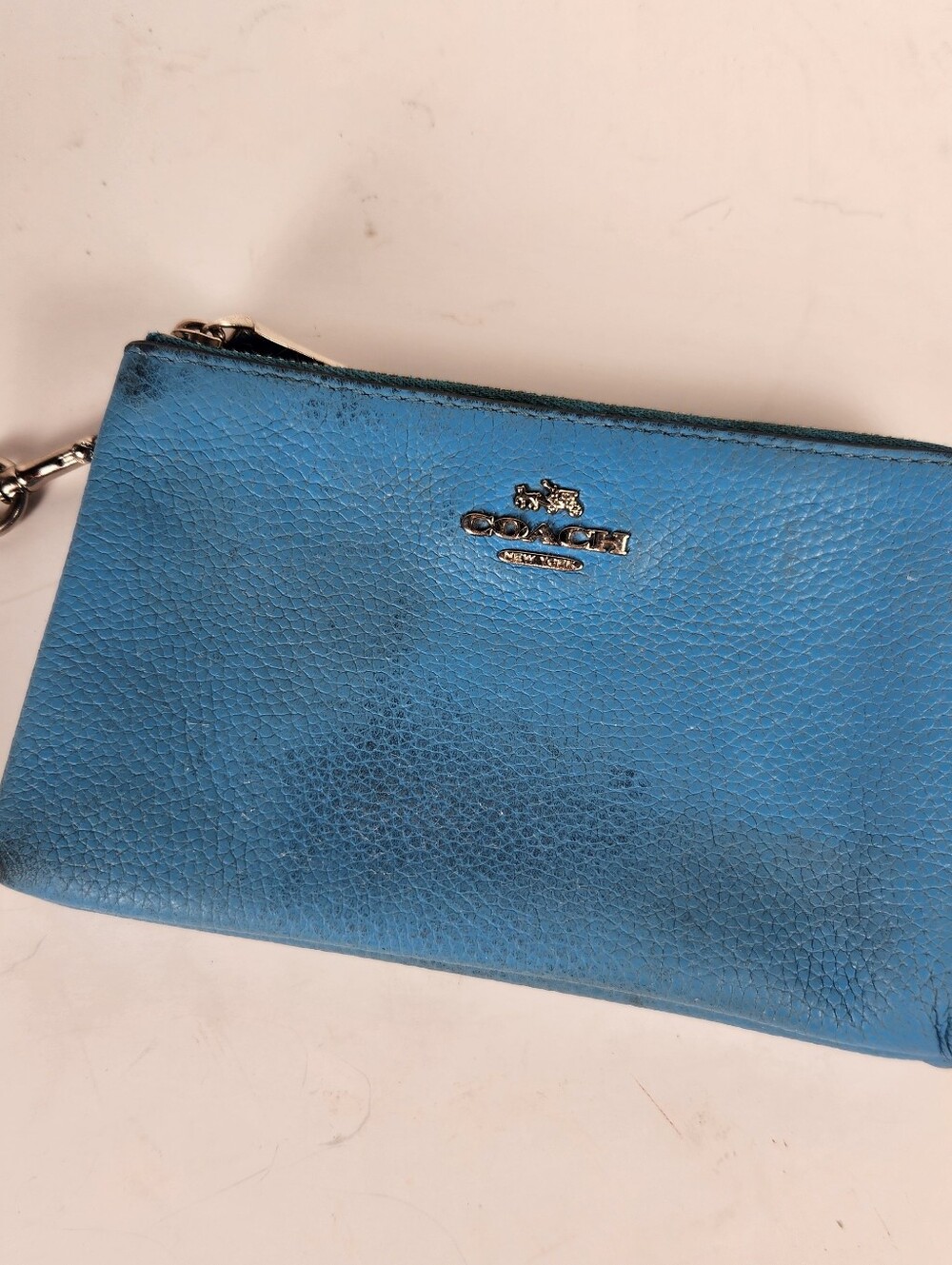 COACH Clutch Blue Pebbled Leather Vintage Double Zipper Wallet Silver Hardwear